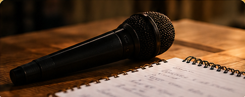 Microfone sobre um caderno com anotações